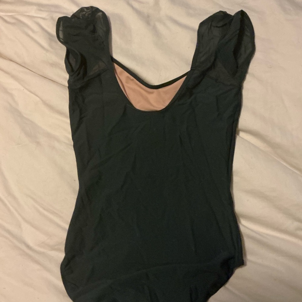 Eleve Dancewear dark green leotard with Sheer Sleeves